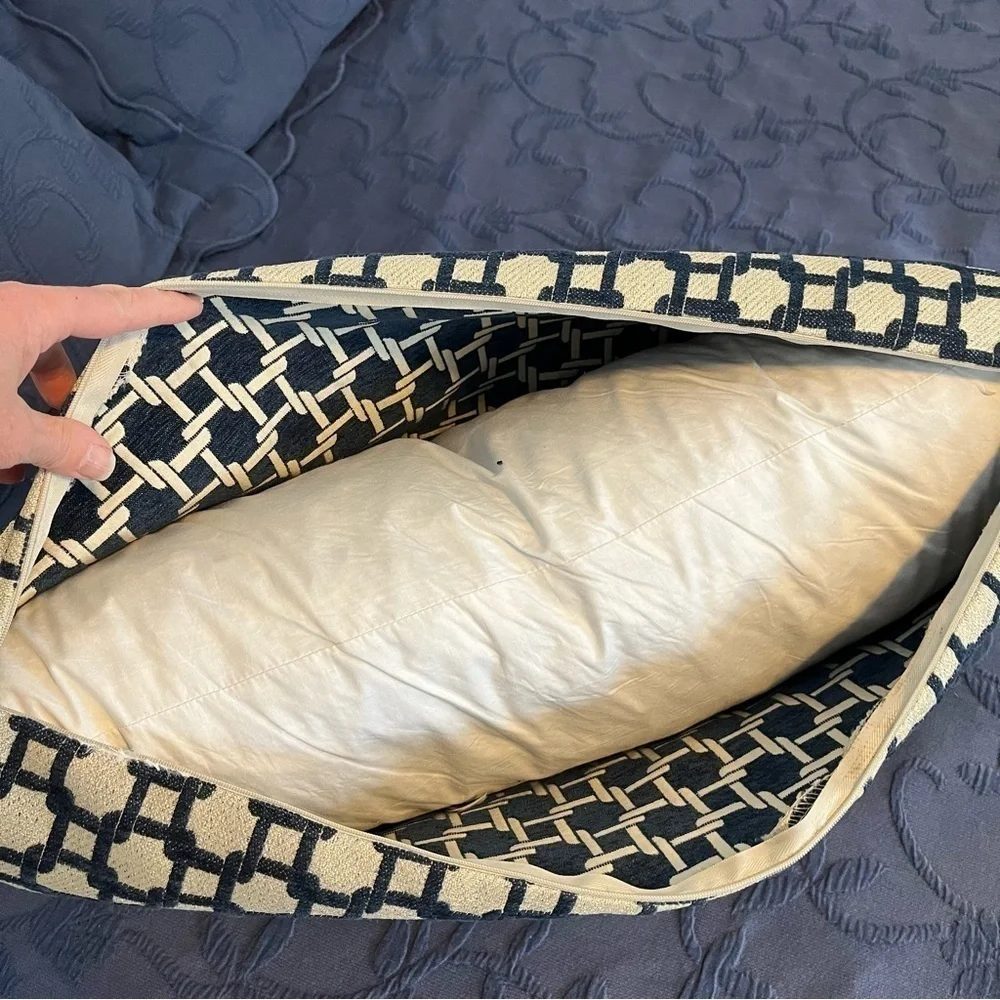 Blue and Tan Feather Bolster Accent Pillow Rectangle Geometric